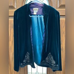 Vintage Coldwater Creek Women's Size M Deep Teal Velvet Velour open-front Jacket
